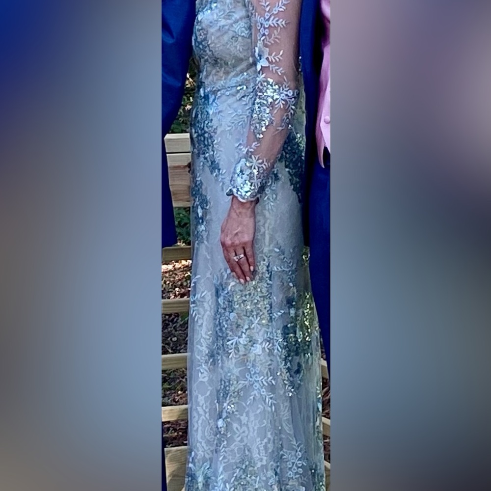 Mac Duggal Silver Floral Lace Dress